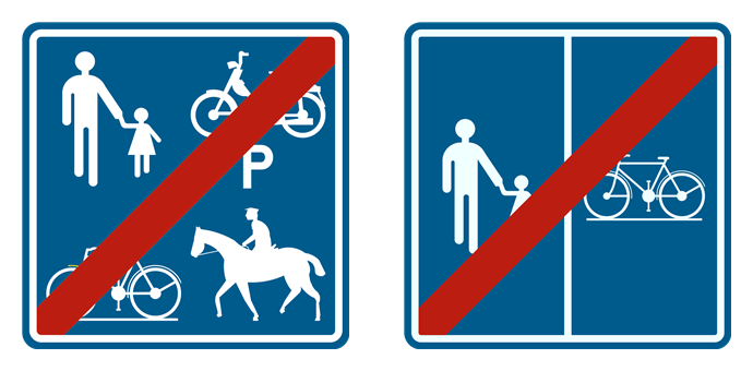 Eindeborden van een voorbehouden weg: het beginbord met een rode balk, gedeeld of met gescheiden delen