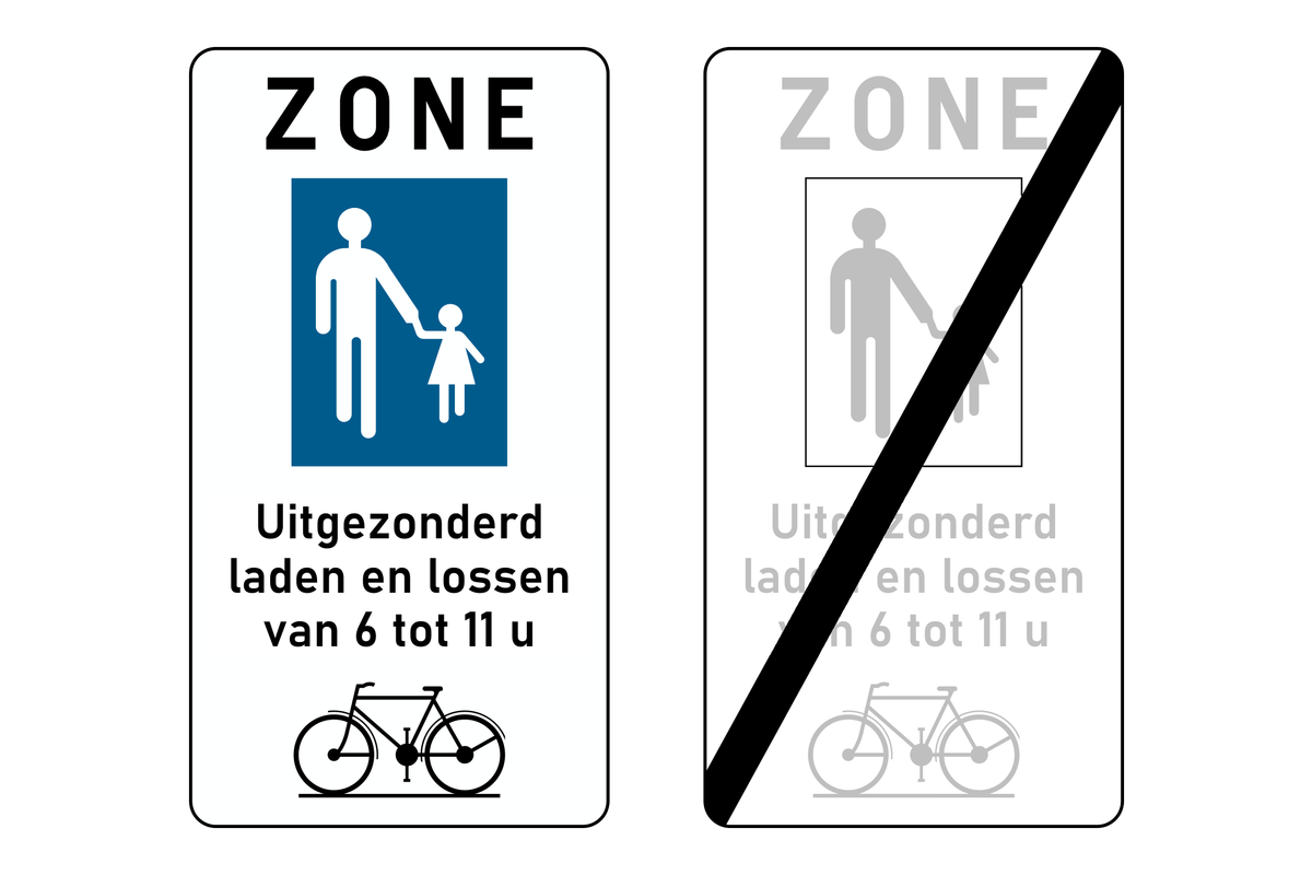Begin en einde van een voetgangerszone (F103 en F105) met de vermelding uitgezonderd laden en lossen van 6 tot 11 u en het fietssymbool.