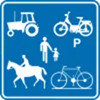 Blauw vierkant bord met een landbouwvoertuig, voetgangers, fietsers, ruiters en speed pedelecs