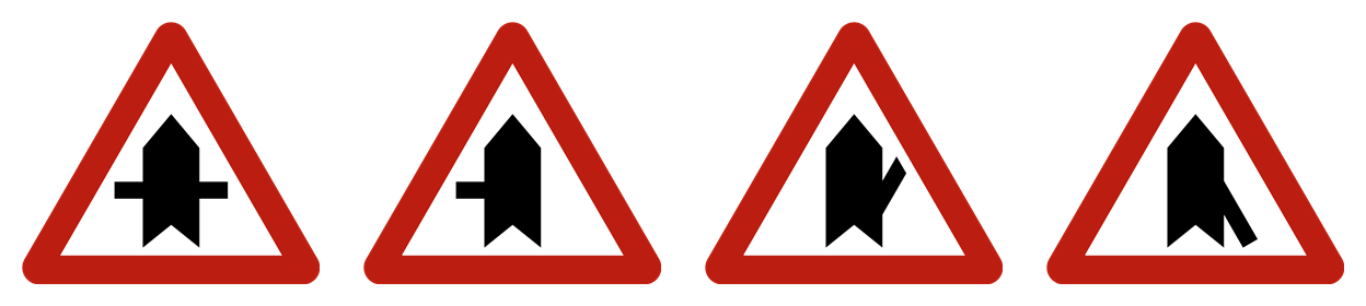 Vier varianten van het bord voorrang, met een aangepaste streep in het symbool