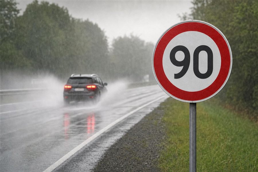 Auto in felle regen naast een bord dat 90 km/u toelaat