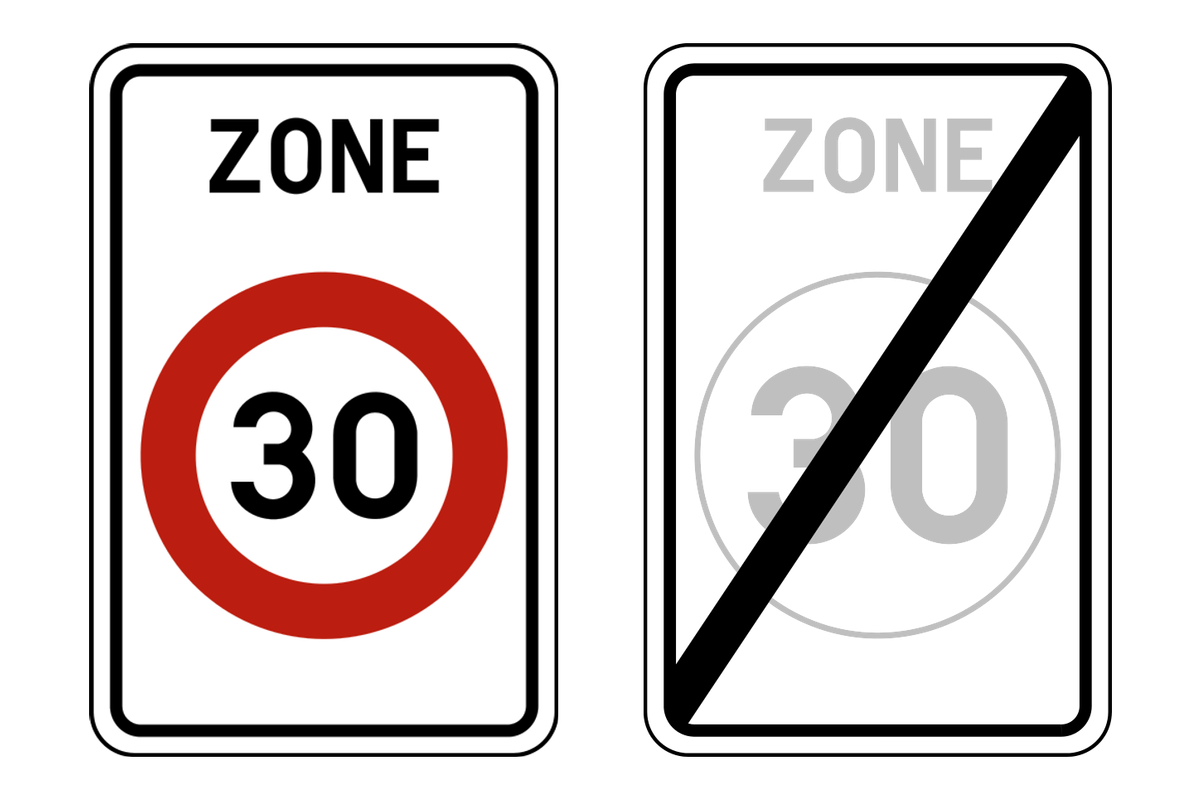 Twee verkeersborden naast elkaar: het begin en het einde van een zone met een snelheidsbeperking.