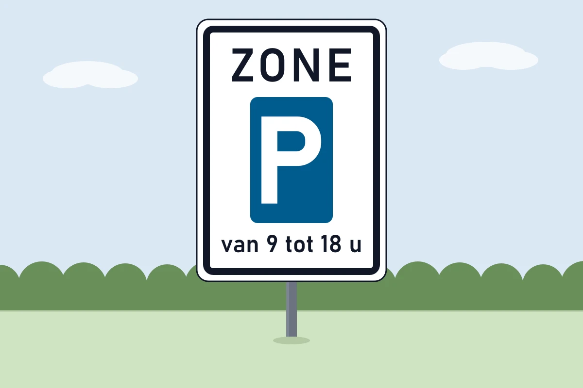 Een zonebord voor parkeren: ZONE, het bord parkeren toegelaten en het zwarte opschrift van 9 tot 18 u.