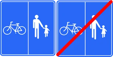 Borden voor het begin en het einde van een weg met een eigen deel voor elke groep weggebruikers