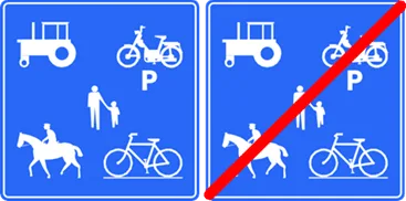 Borden voor het begin en het einde van een weg voorbehouden voor landbouwvoertuigen, voetgangers, fietsers, ruiters en speed pedelecs