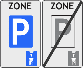 Borden voor het begin en het einde van een blauwe zone, met een parkeerschijf