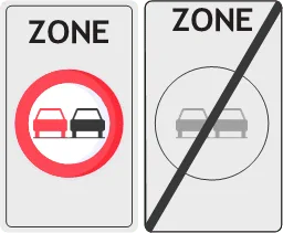 Borden voor het begin en het einde van een zone waar je een gespan of een voertuig met meer dan twee wielen niet links mag inhalen