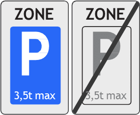 Borden voor het begin en het einde van een zone waar het parkeren voorbehouden is voor voertuigen tot 3,5 ton
