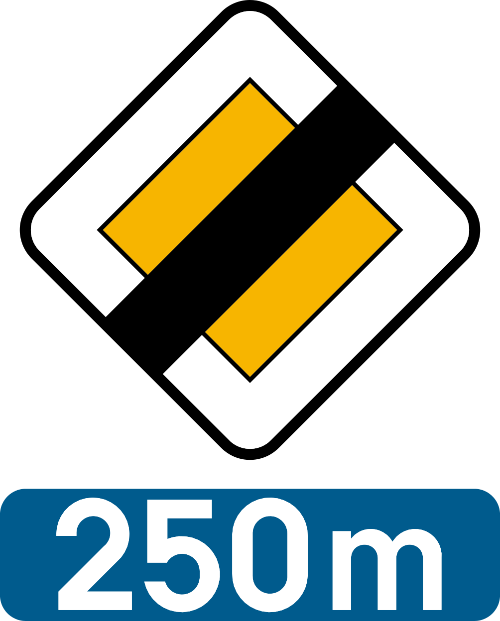 Verkeersbord: Einde van voorrangsweg, aangekondigd op ongeveer de aangeduide afstand