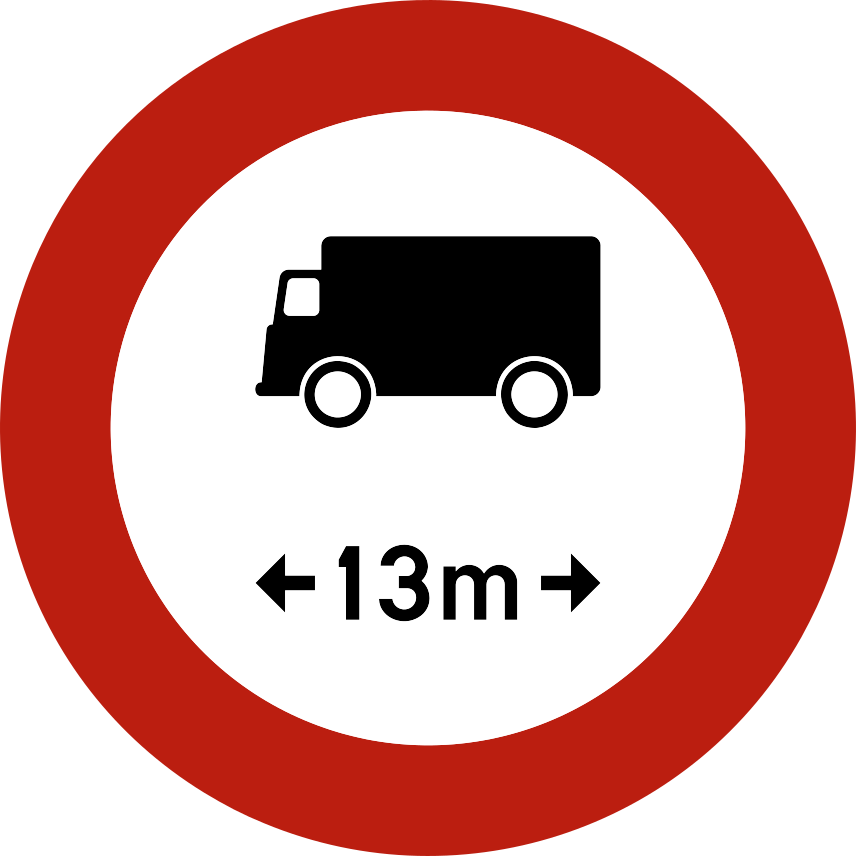 Verkeersbord: Verboden toegang voor voertuigen die langer zijn dan aangeduid (lading inbegrepen)