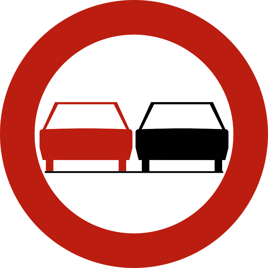 Verkeersbord: Verbod een gespan of een voertuig met meer dan twee wielen links in te halen