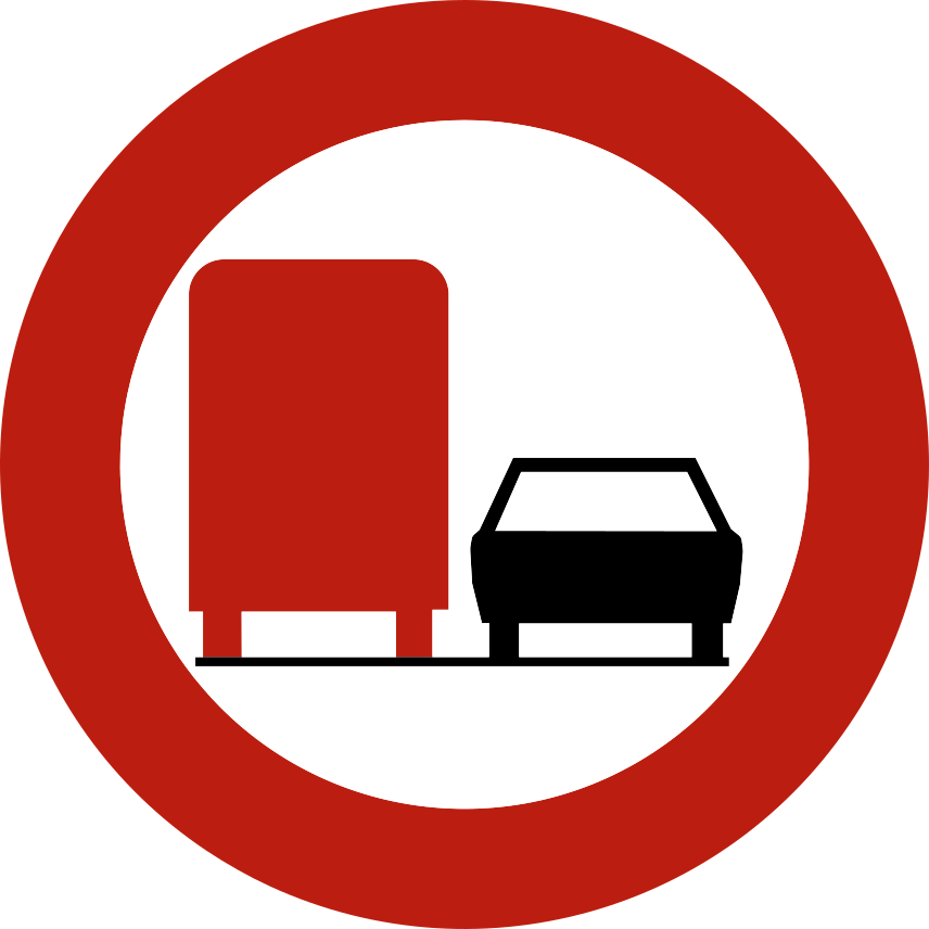 Verkeersbord: Verbod voor goederenvervoer boven 3500 kg een gespan of een voertuig met meer dan twee wielen links in te halen