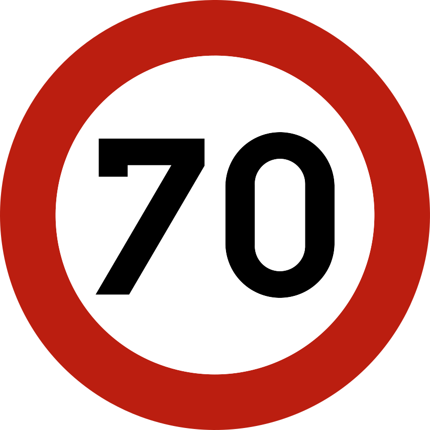 Verkeersbord C43 (70 km/u): Verbod te rijden met een grotere snelheid dan de aangeduide snelheid