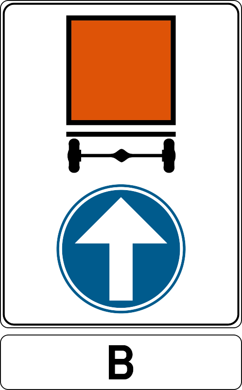 Verkeersbord: Verplichting voor voertuigen die gevaarlijke goederen vervoeren om de door de pijl aangeduide richting te volgen