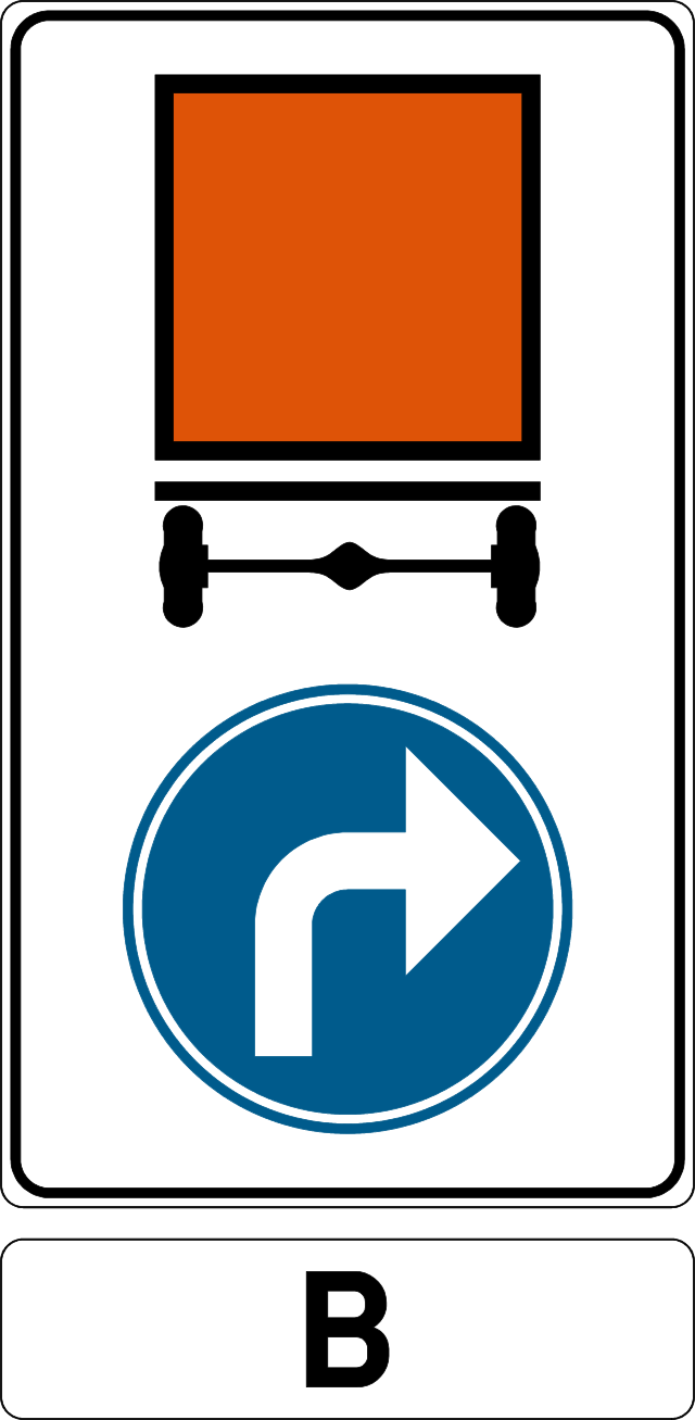 Verkeersbord D4b: Verplichting voor voertuigen die gevaarlijke goederen vervoeren om de door de pijl aangeduide richting te volgen. De plaatsgesteldheid bepaalt de stand van de pijl