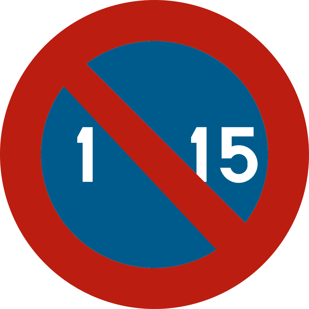 Verkeersbord: Parkeerverbod vanaf de 1e tot de 15e van de maand