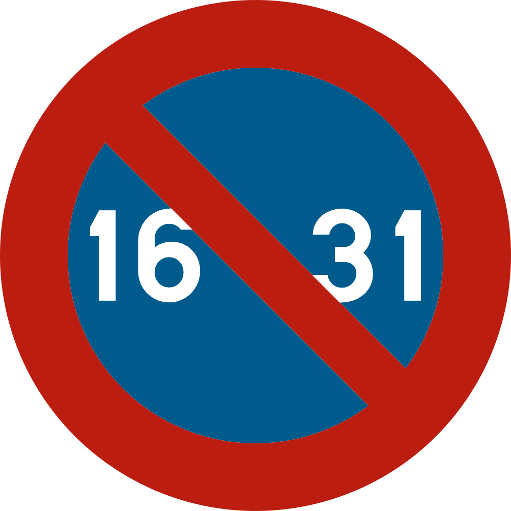 Verkeersbord: Parkeerverbod vanaf de 16e tot het einde van de maand
