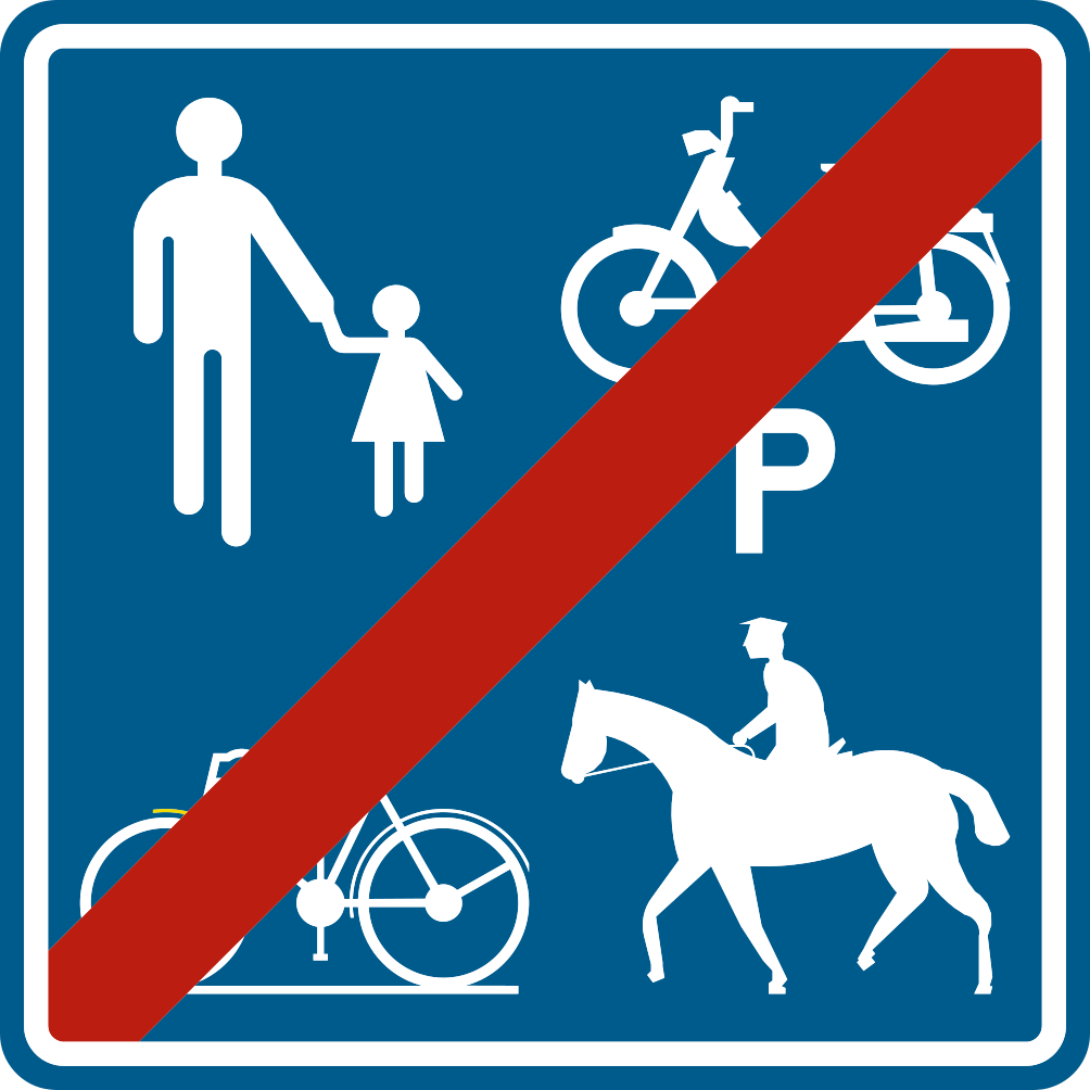 Verkeersbord: Einde van de weg of van het deel van de openbare weg voorbehouden voor het verkeer van voetgangers, fietsers, ruiters en bestuurders van speed pedelecs