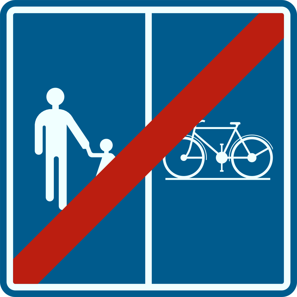 Verkeersbord: Einde van de weg of deel van de openbare weg voorbehouden voor het verkeer van voetgangers, fietsers en ruiters met aanduiding van het deel van de weg dat bestemd is voor de verschillende categorieën van weggebruikers
