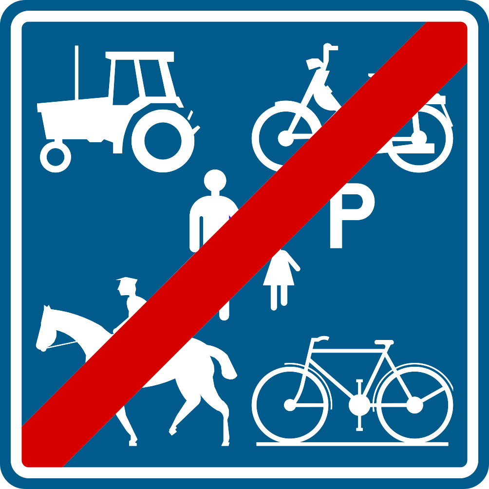 Verkeersbord: Einde van de weg voorbehouden voor het verkeer van landbouwvoertuigen, voetgangers, fietsers, ruiters en bestuurders van speed pedelecs