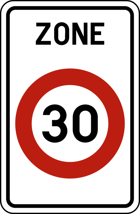Verkeersbord: Begin van een zone met een snelheidsbeperking van 30 km per uur