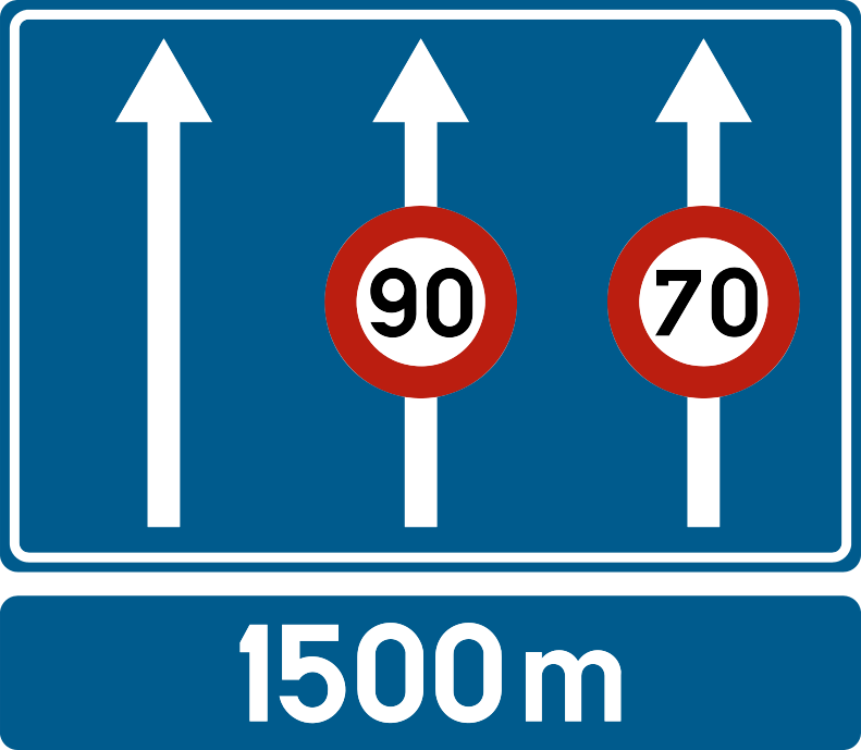 Verkeersbord F89: Voorwegwijzer die een gevaar of een verkeersregel aankondigt die slechts van toepassing is op een of meerdere rijstroken van een rijbaan die meerdere rijstroken in dezelfde richting omvat