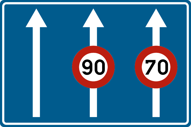 Verkeersbord F91: Verkeersbord dat een gevaar aanduidt of een verkeersregel voorschrijft die slechts van toepassing is op een of meerdere rijstroken van een rijbaan die meerdere rijstroken in dezelfde richting omvat