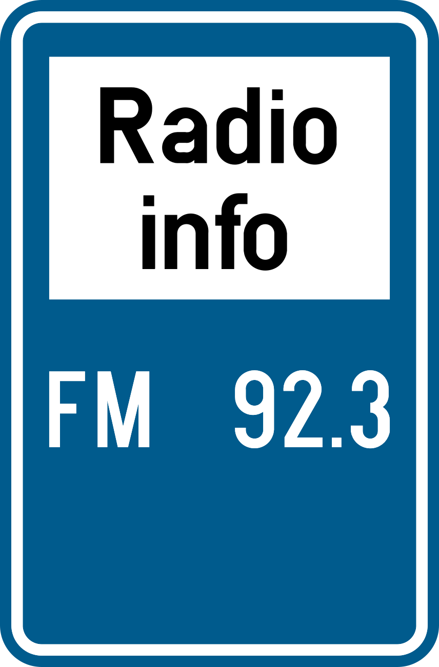 Verkeersbord: Verkeersbord dat een radio-omroep aanduidt waar verkeersinformatie gegeven wordt