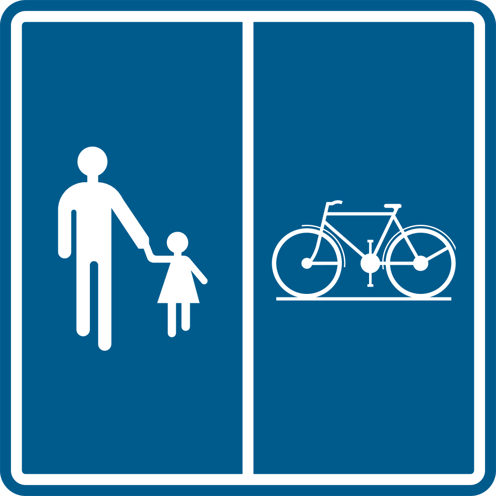 Verkeersbord: Begin van de weg of deel van de openbare weg voorbehouden voor het verkeer van voetgangers, fietsers en ruiters met aanduiding van het deel van de weg dat bestemd is voor de verschillende categorieën van weggebruikers