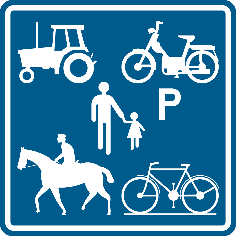 Verkeersbord: Begin van de weg voorbehouden voor het verkeer van landbouwvoertuigen, voetgangers, fietsers, ruiters en bestuurders van speed pedelecs